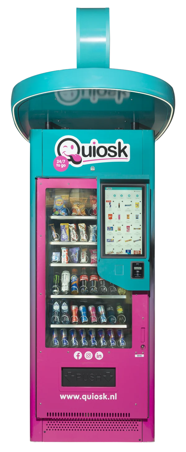 De voorkant van de Quiosk: het touchscreen, de betaalterminal en het uitgiftevak
